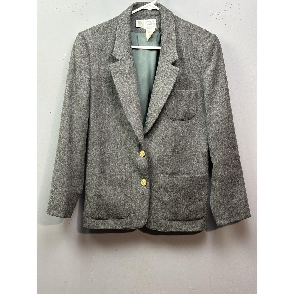 Boston Traveler Blazer Womens 8‎ Gray Wool Made USA Gold Button Jacket Classic